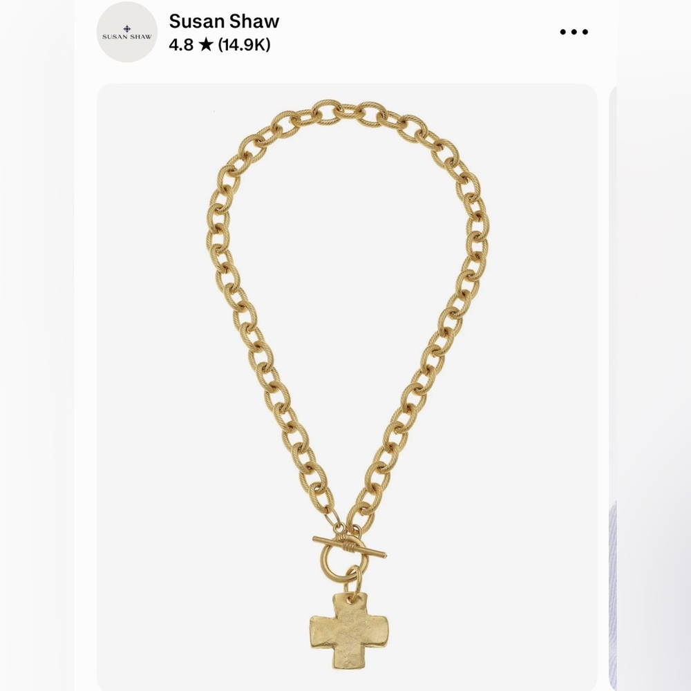 Gold Link Necklace with Cross Pendant and Toggle Clasp - Picture 2 of 3